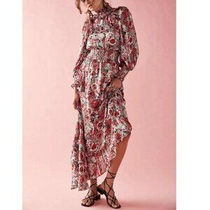 Free People Elliatt Dorian Floral Ruffle Drapey Smocked Maxi Dress Pink/ Rose M